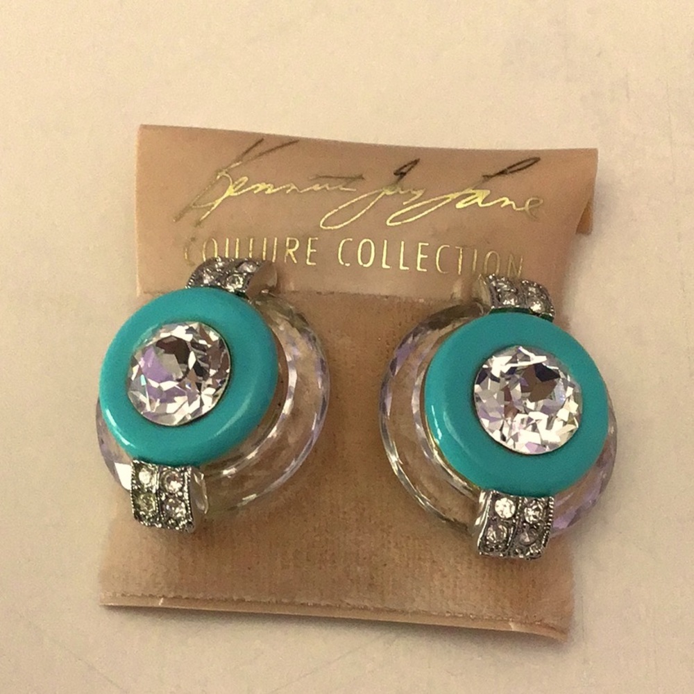 Vintage Kenneth Jay Lane Clip Rhinestone Turquoise Color Round Clip Earrings.